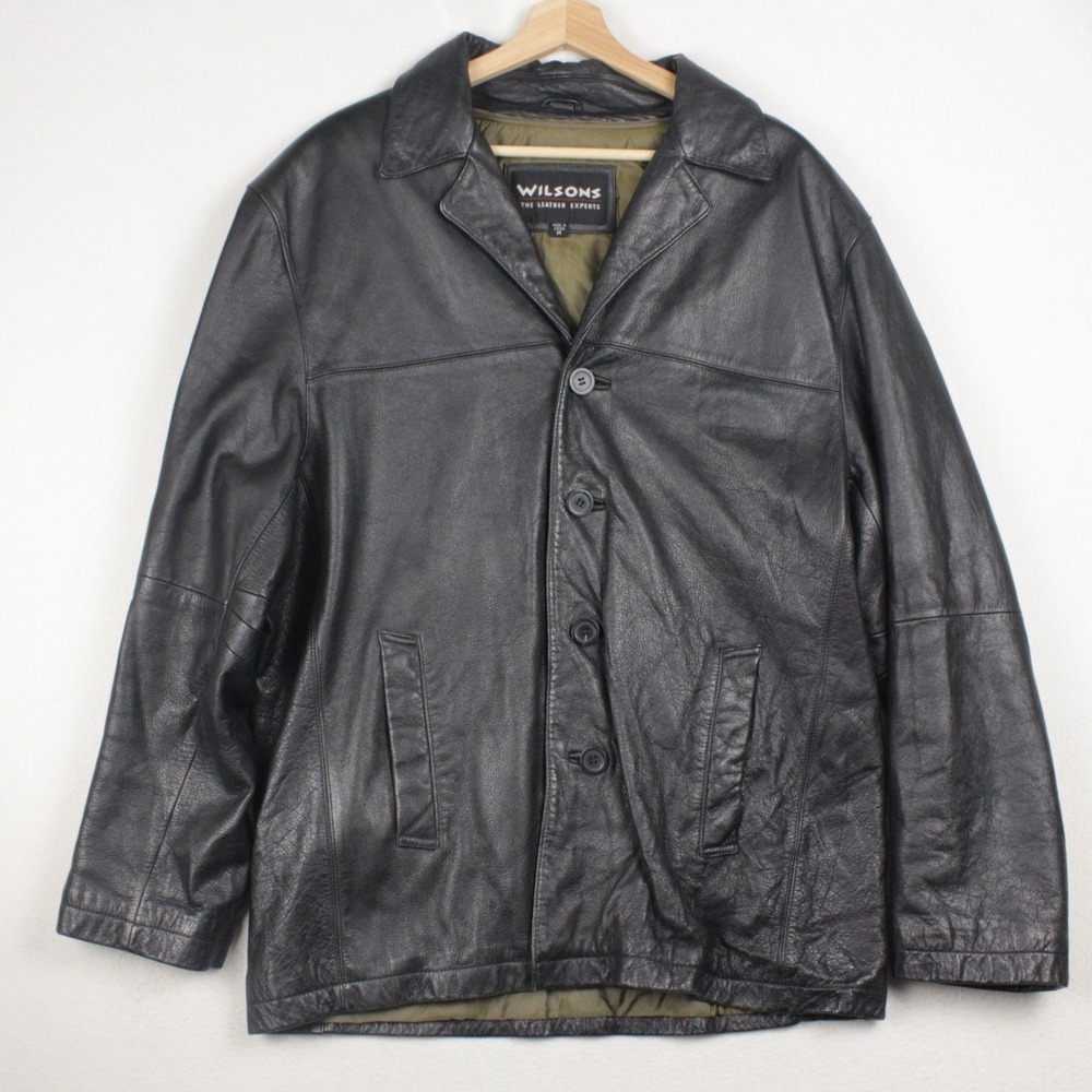 Wilsons Leather Jacket Mens M Black Y2K Grunge 90s Genuine Leather Button Up